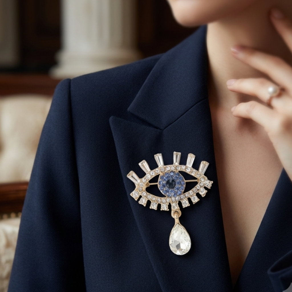 A close-up lifestyle shot of a woman wearing a navy blue blazer and a gold-toned evil eye brooch with a blue center stone and clear rhinestones, with a teardrop crystal pendant.