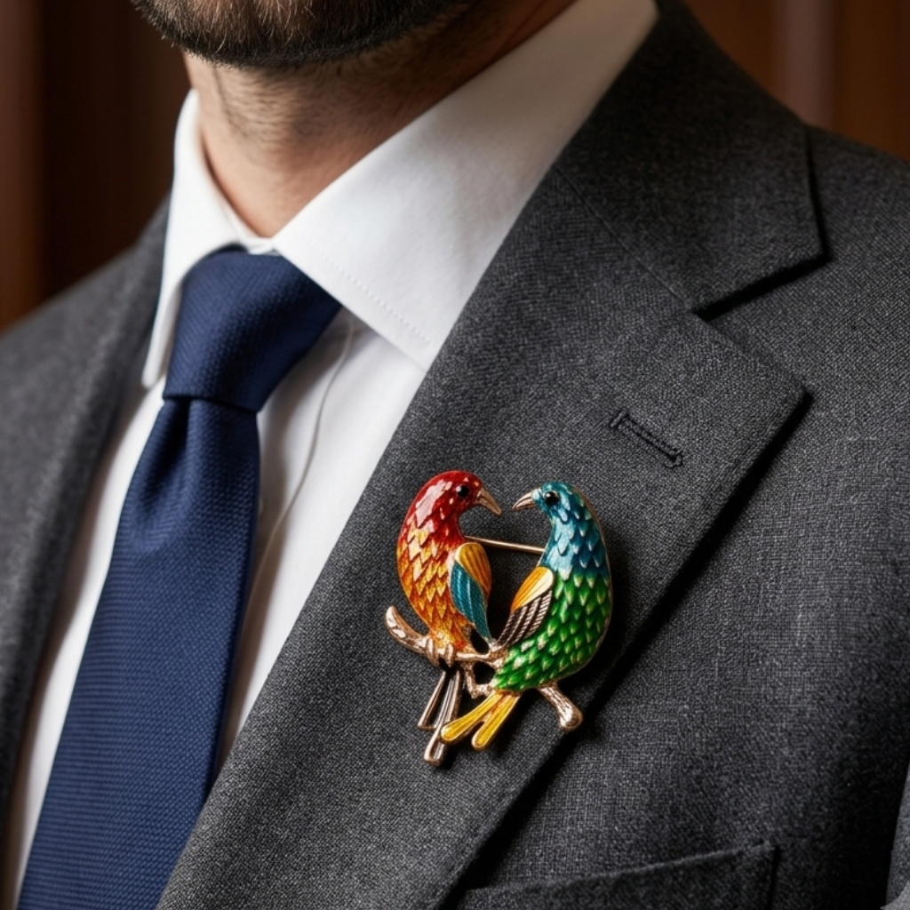 A close-up of a man wearing a gray suit jacket, white dress shirt, and navy tie, with a colorful bird brooch pinned to his left lapel. The brooch features two detailed birds in red, orange, green, blue, and yellow tones.