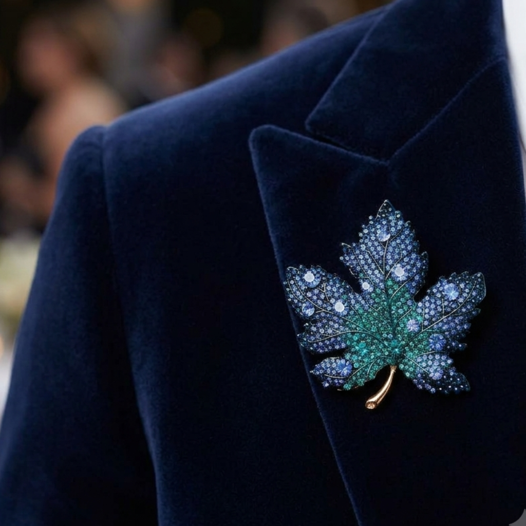 A close-up of a men's navy blue velvet blazer worn over a white dress shirt, featuring a detailed leaf-shaped brooch embellished with sparkling blue and green stones and a gold stem, set against a blurred event background.