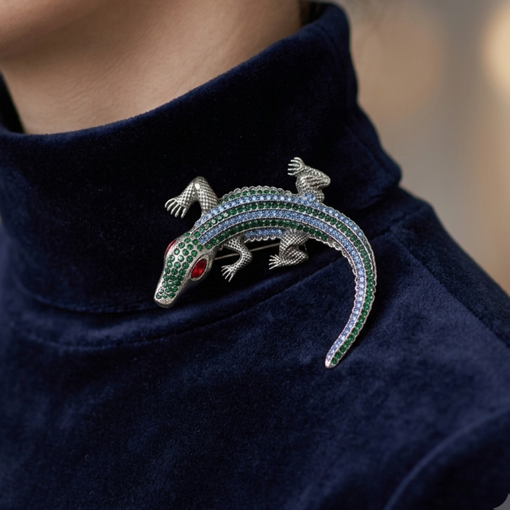 A close-up of a person wearing a dark navy velvet turtleneck, featuring a silver-toned lizard brooch embellished with green and blue pavé stones and a red eye.