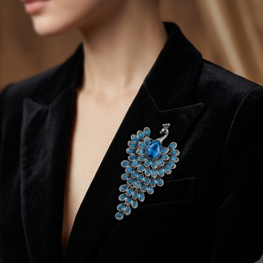 A close-up of a woman wearing a black velvet blazer and a blue peacock brooch pinned to the chest pocket.