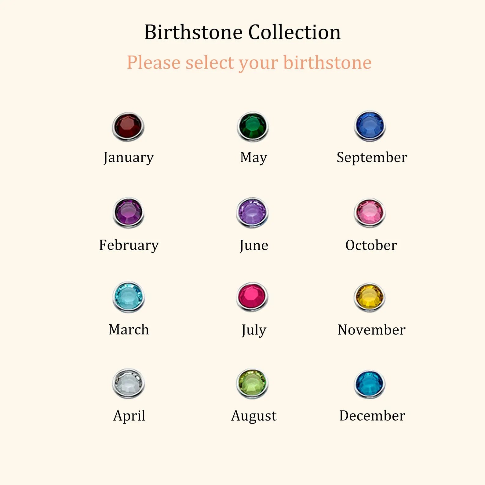 A color selection chart titled 'Birthstone Collection' with the subtitle 'Please select your birthstone.' It shows a 3x4 grid of gemstone circles labeled for each month: January, May, September, February, June, October, March, July, November, April, August, and December, on a light cream background.