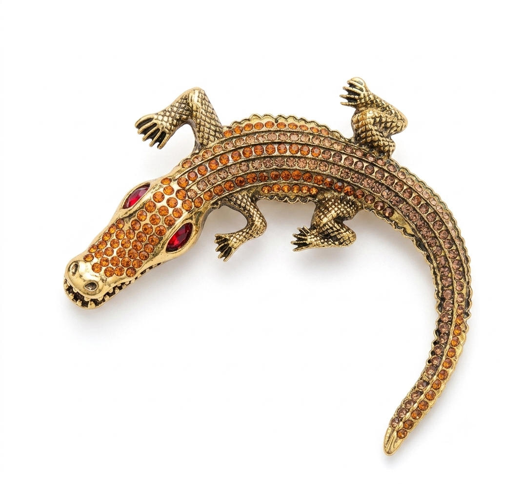 A gold-toned crocodile or alligator brooch embellished with orange and brown stones, featuring red gemstone eyes, photographed on a plain white background.