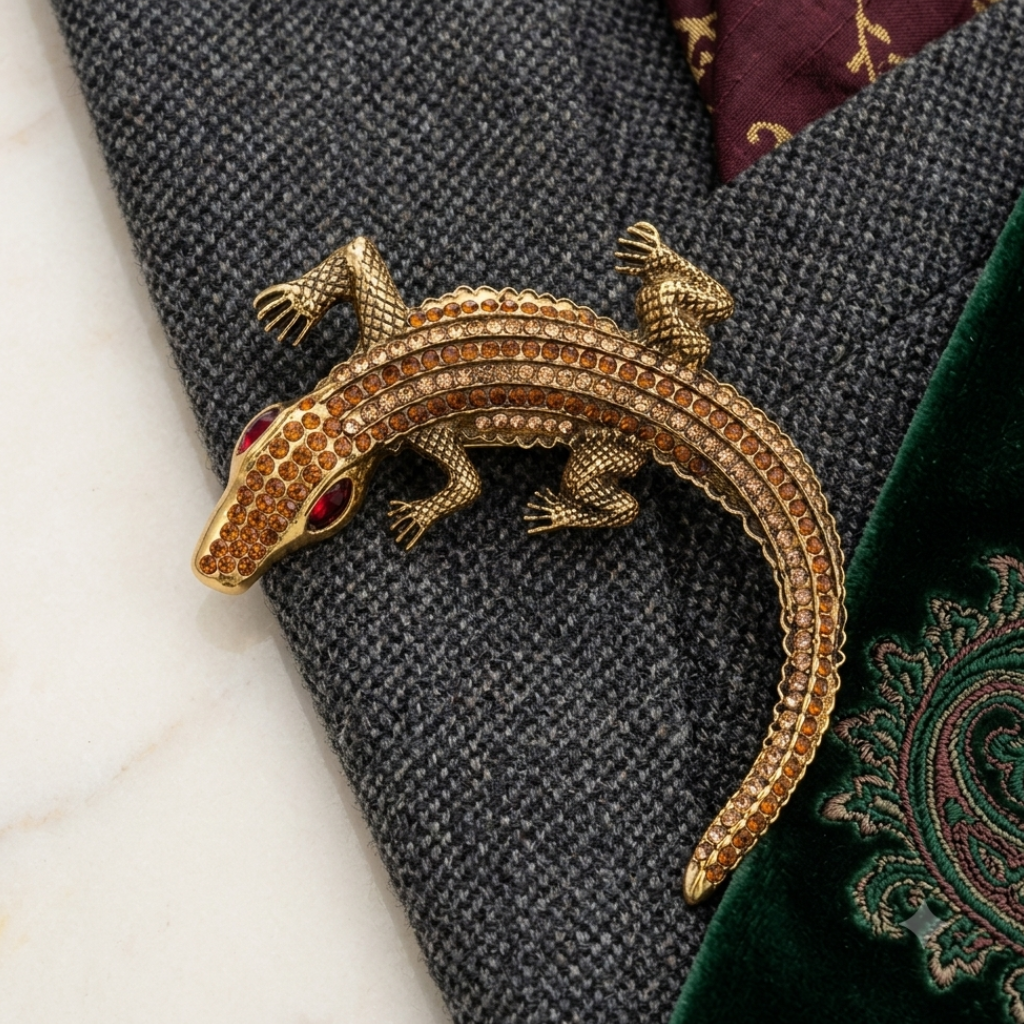 A gold-toned lizard-shaped brooch embellished with clear rhinestones and featuring red gemstone eyes, displayed on a dark gray textured tweed fabric alongside a green velvet surface.