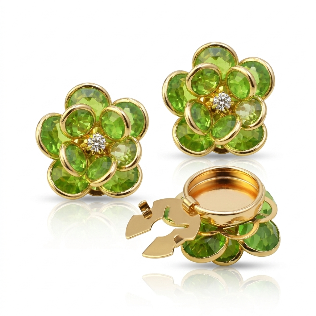 A pair of gold flower-shaped stud earrings with green gemstone petals and a small clear center stone, shown on a white background with one earring closed and the other open to display the back mechanism.