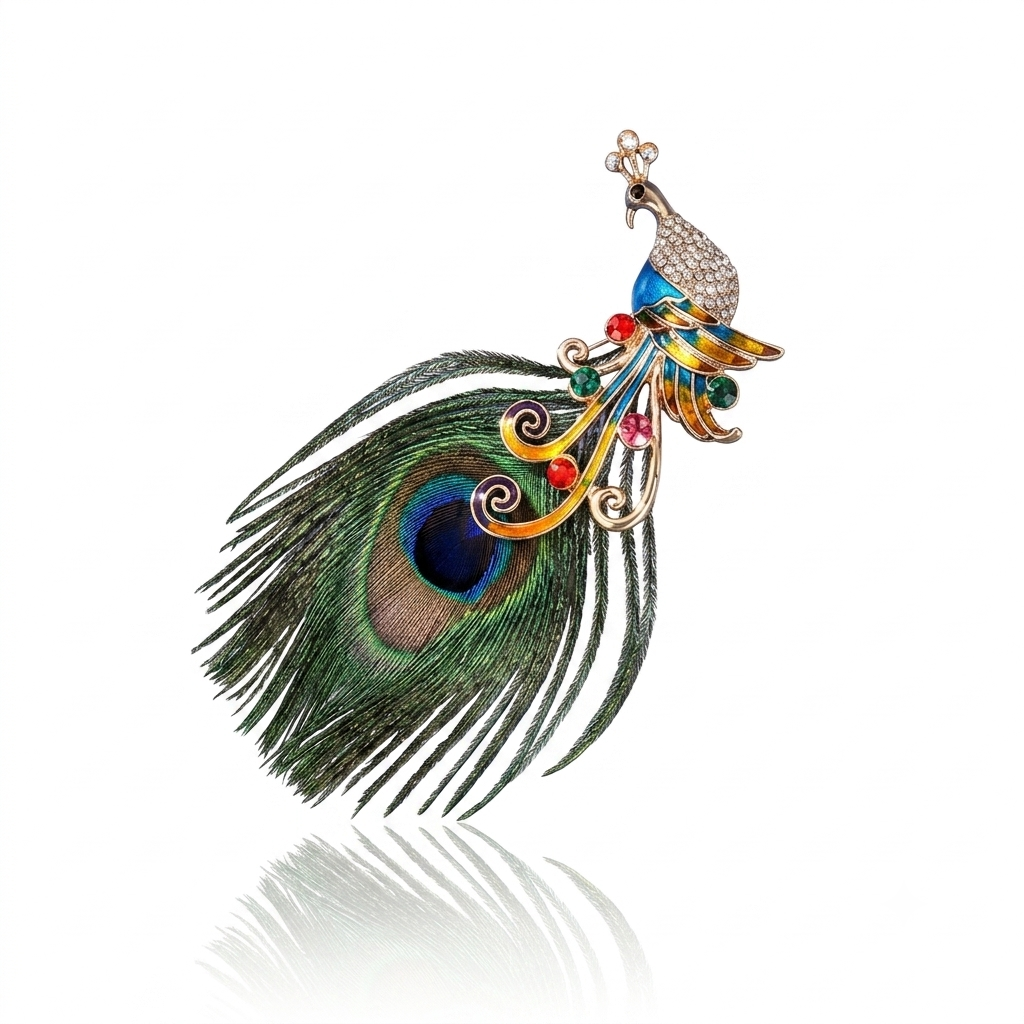 A peacock feather brooch with a gold-tone metal base, vibrant blue and green enamel, and colorful red and green gemstone accents, shown on a white background with a soft reflection.