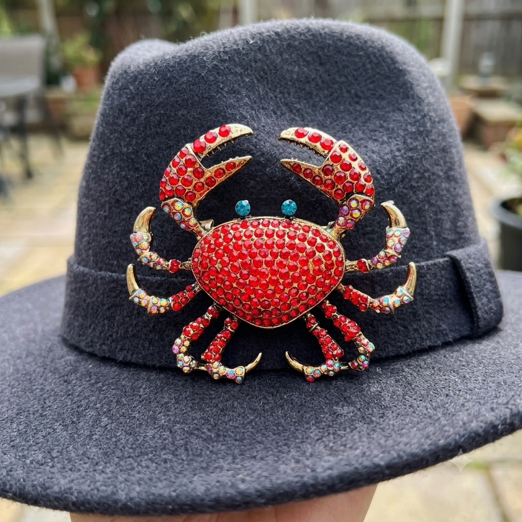 A red rhinestone-covered crab brooch with gold-tone edges and small blue eyes, pinned onto a dark gray felt hat. The background shows a blurred outdoor patio setting.