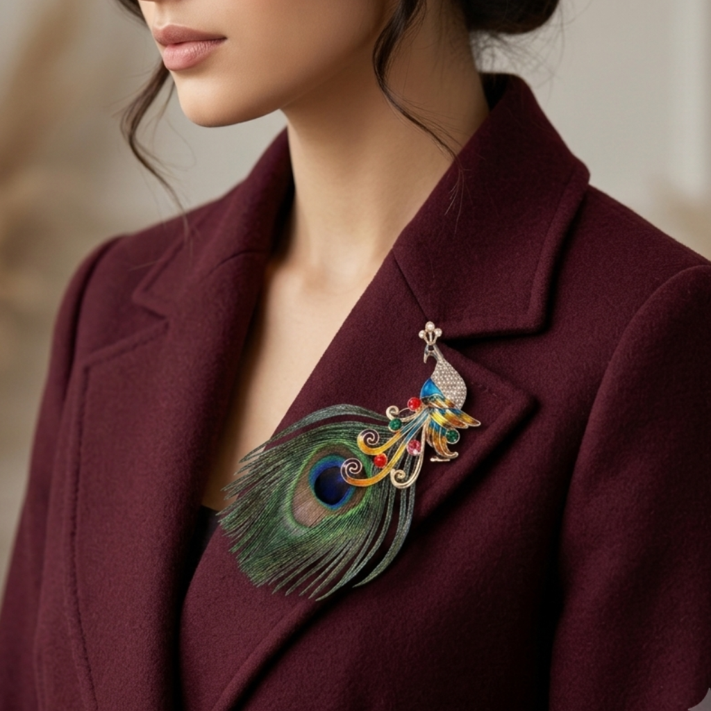 A woman in a burgundy blazer wearing a colorful peacock feather and bird brooch on the lapel.