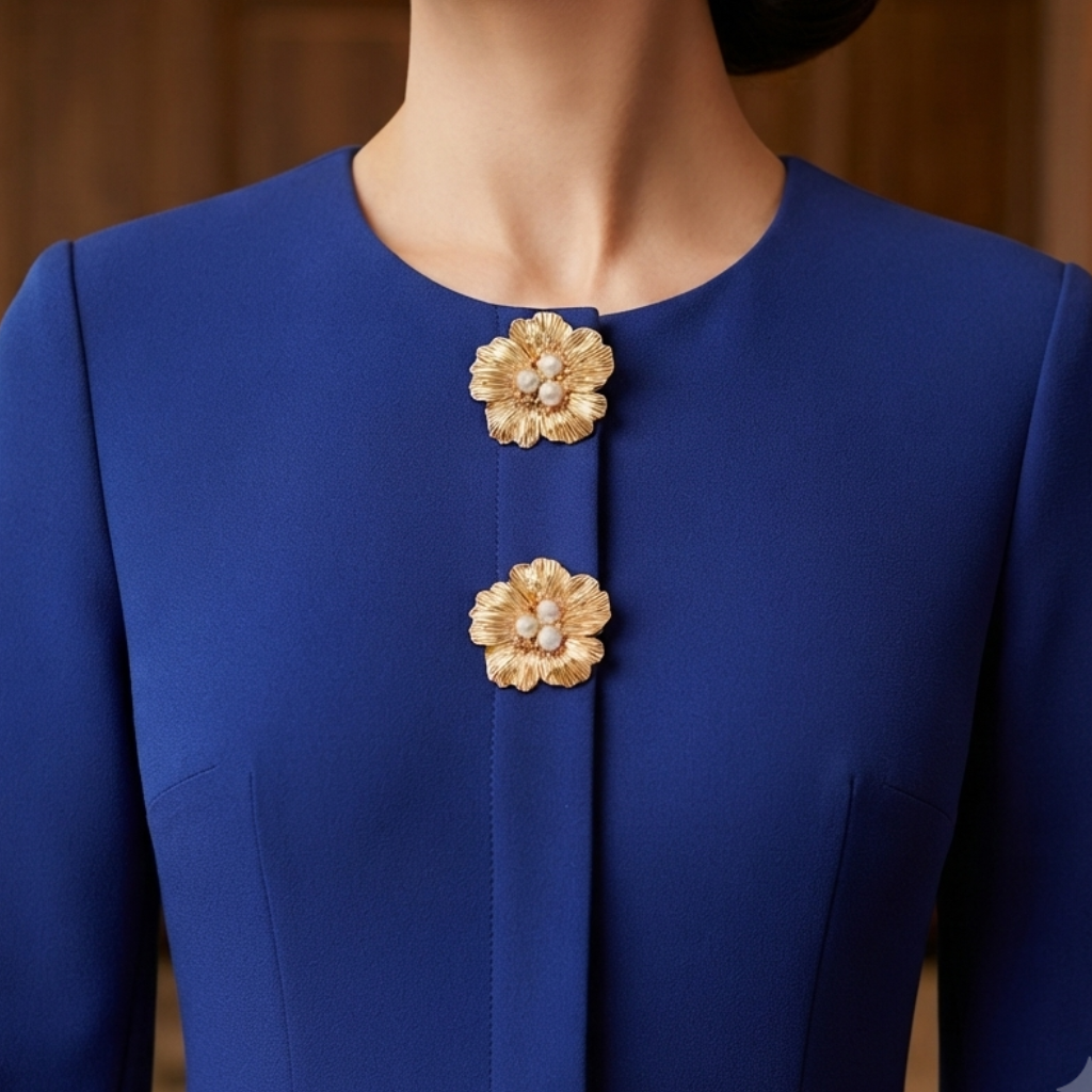A woman wearing a royal blue long-sleeve dress with two large gold flower-shaped decorative buttons on the front, photographed in a warm indoor setting.
