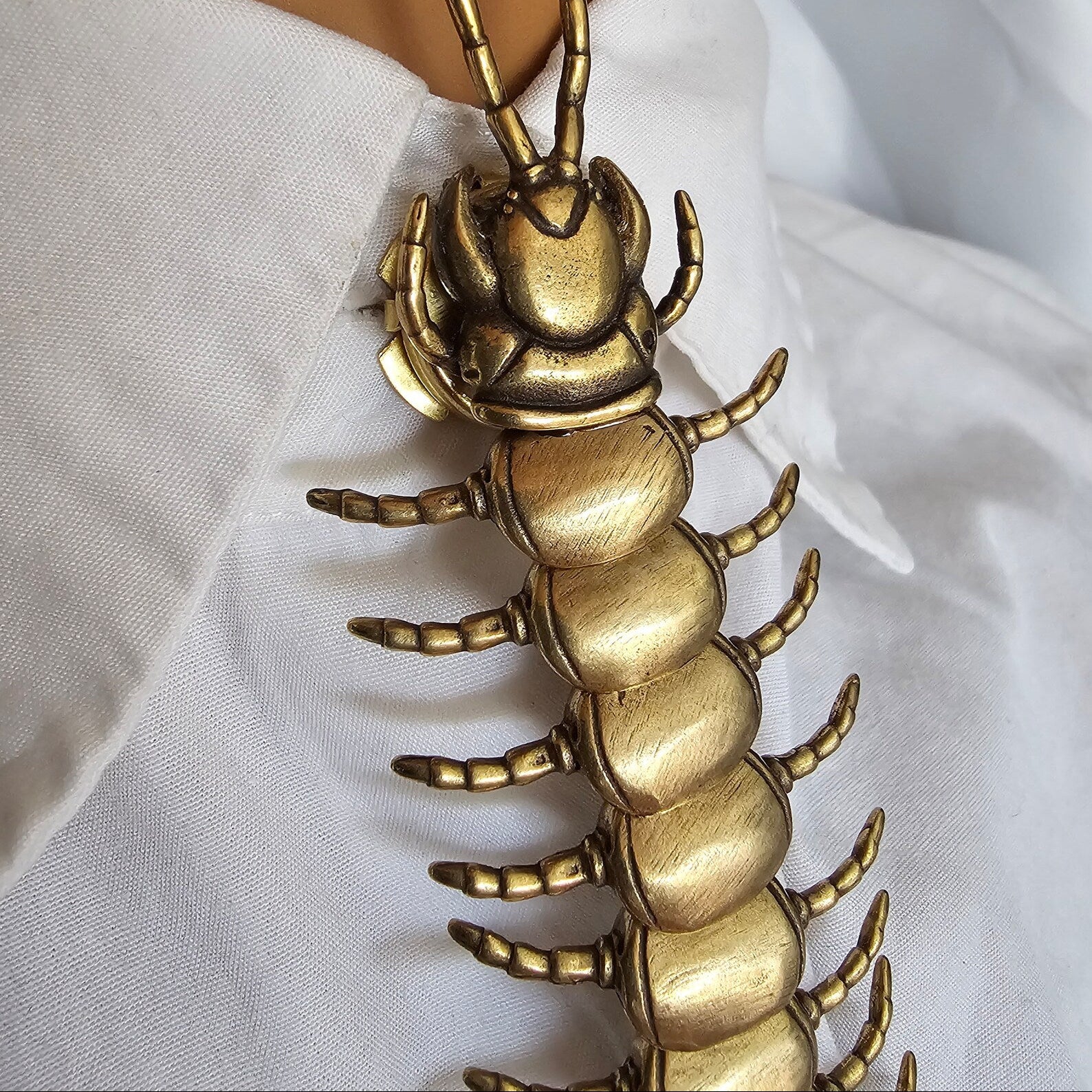 A large metallic gold centipede-shaped brooch or pin displayed on a white collared shirt against a warm tan background.