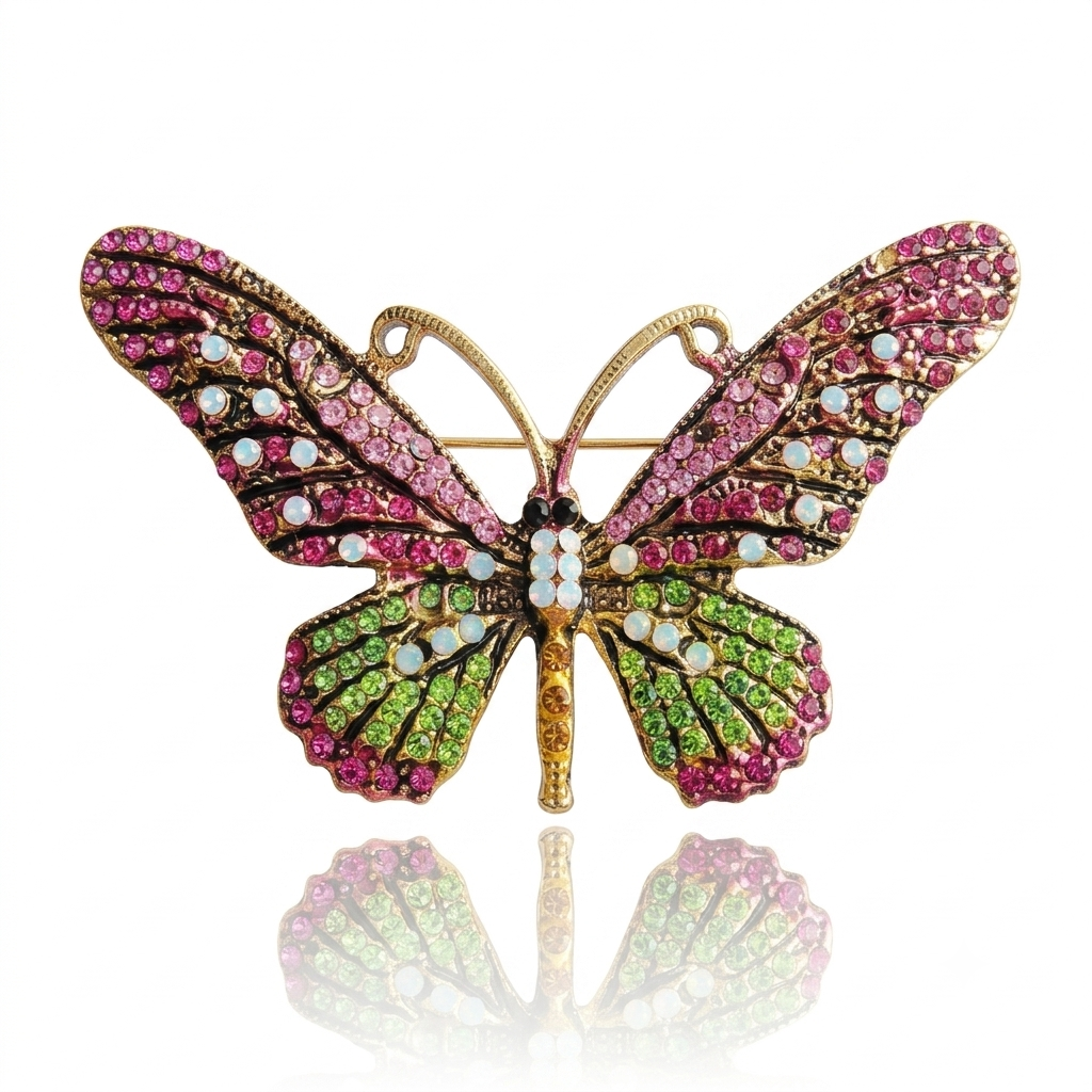 A butterfly-shaped brooch with gold-tone metal detailing, pink rhinestones on the upper wings, green rhinestones on the lower wings, and small iridescent white stones, shown on a white background with a soft reflection below.