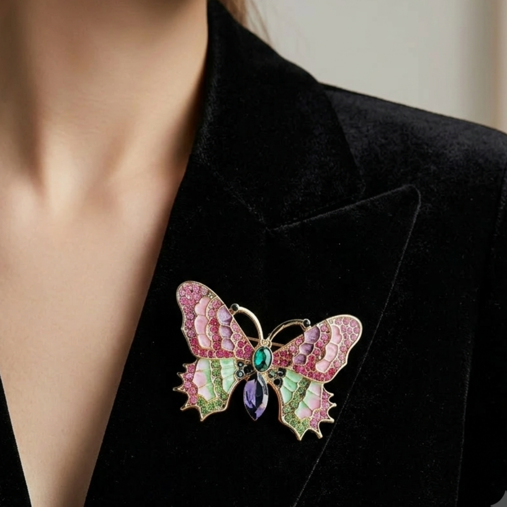 A close-up of a person wearing a black velvet blazer and a colorful butterfly brooch pinned to the lapel. The brooch features pink, green, and gold enamel detailing with a small purple crystal accent.