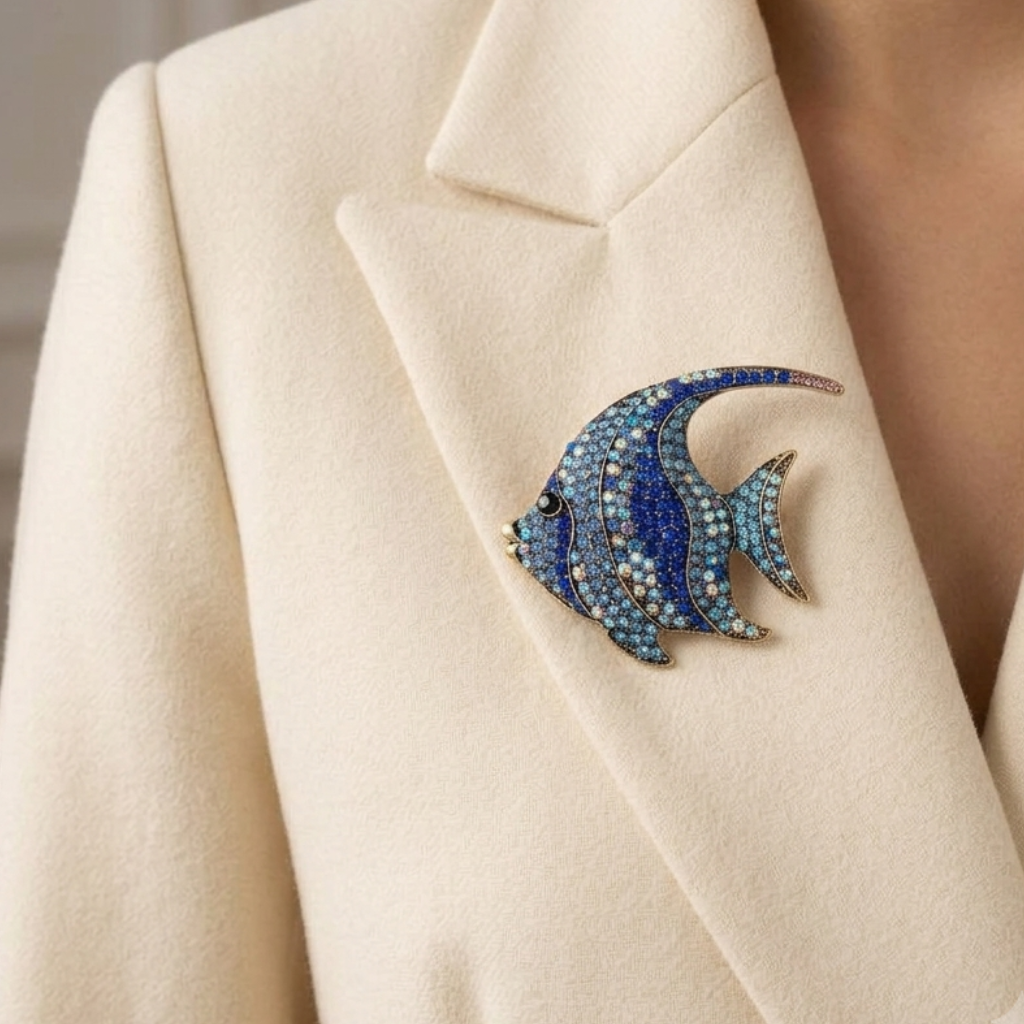 A close-up of a person wearing a cream-colored blazer, featuring a blue and silver fish-shaped brooch pinned to the lapel.