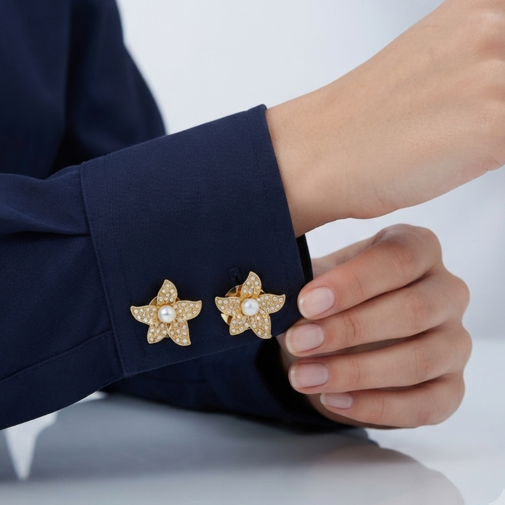 A close-up of a person wearing a dark navy blue blazer, showing two gold star-shaped cufflinks with small white pearl centers on the cuffs.