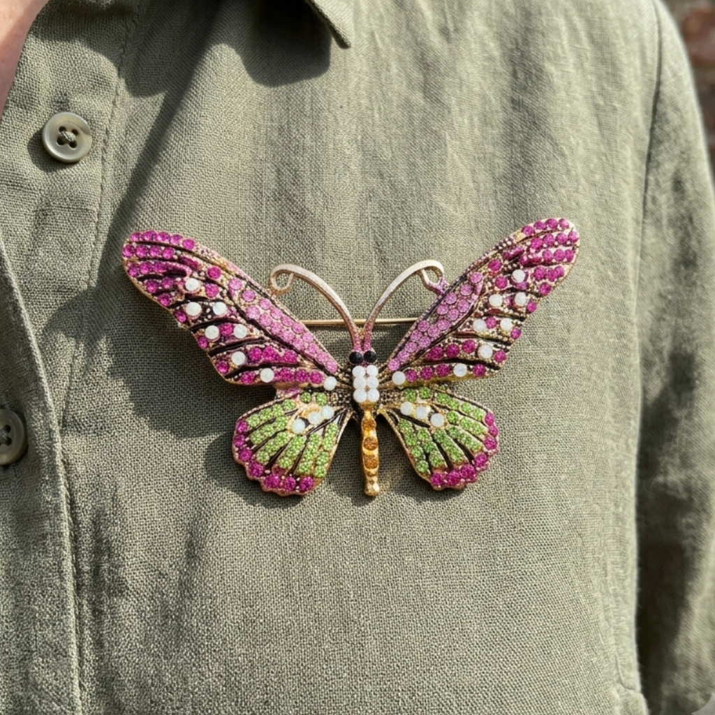 A close-up of a person wearing an olive green linen button-up shirt with a detailed butterfly brooch pinned to the chest. The brooch features magenta-pink and light green wings with gold-toned metal outlines and small white rhinestone accents.