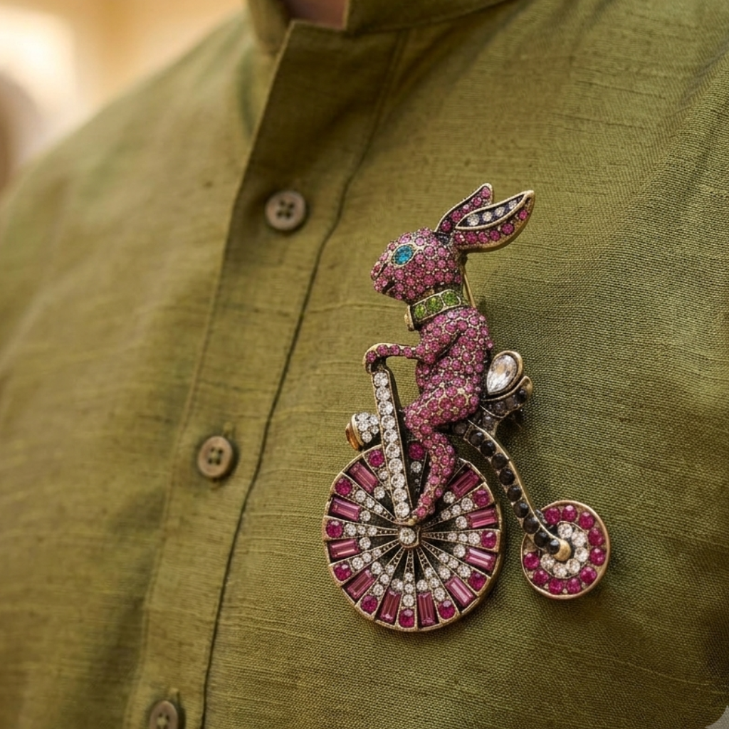 A close-up of a person wearing an olive green linen shirt with a detailed pink and white rhinestone rabbit on a bicycle brooch pinned to the chest.