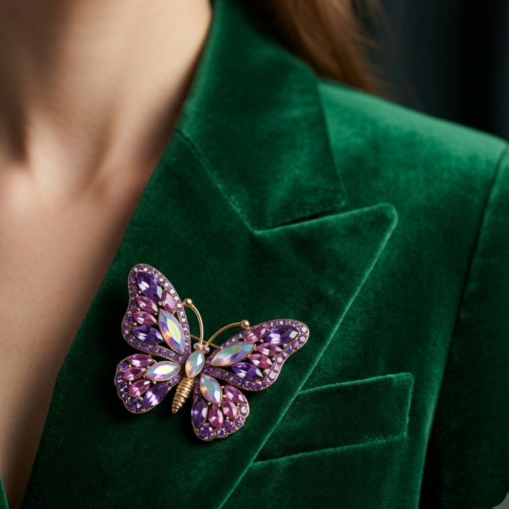 A close-up of a woman wearing a green velvet blazer, featuring a butterfly-shaped brooch with purple and pink iridescent rhinestones on the lapel.