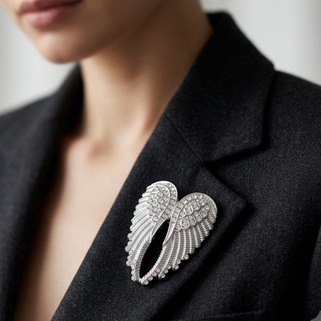 A close-up of a woman wearing a silver angel wings brooch on her black blazer.