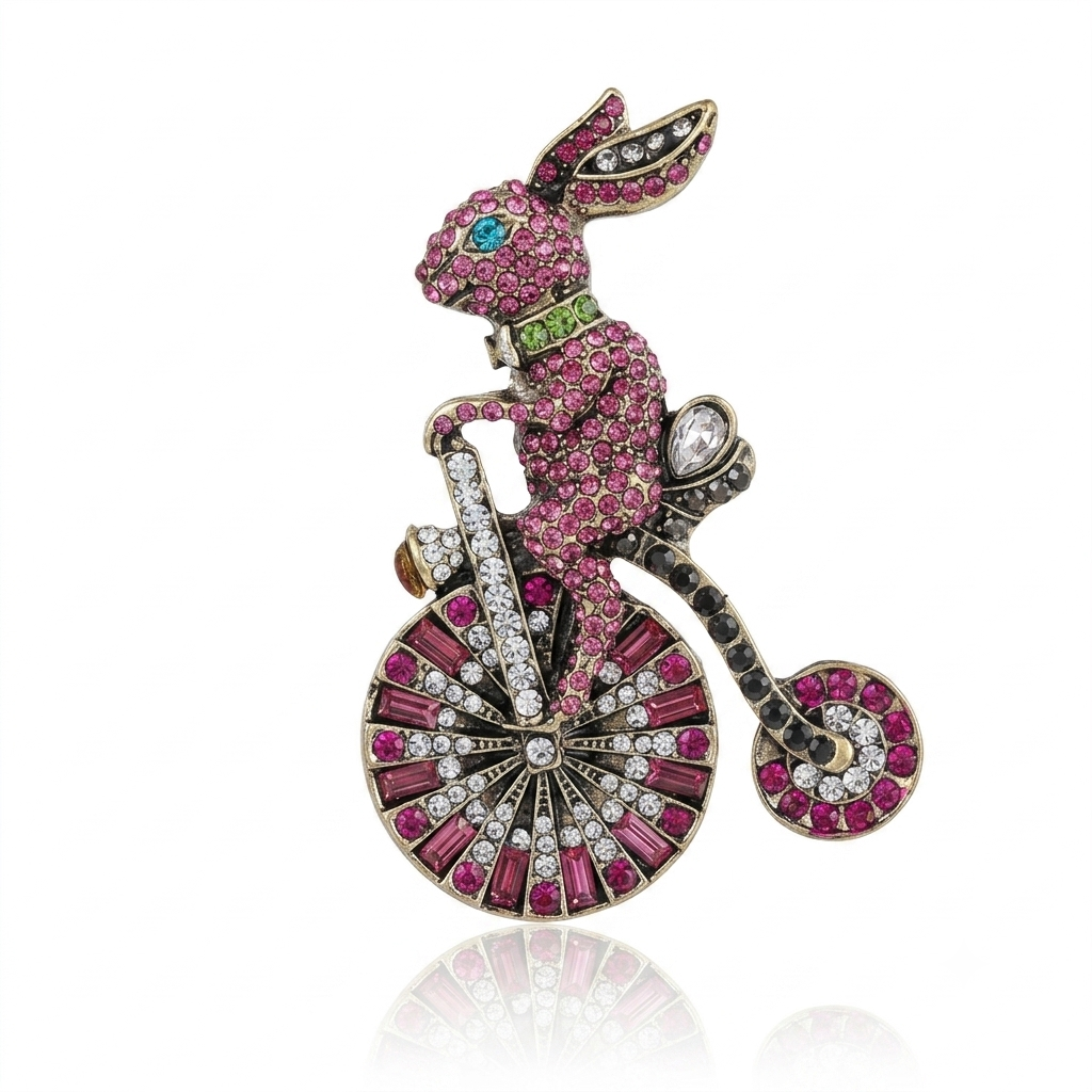A detailed brooch depicting a rabbit riding a penny-farthing bicycle, embellished with pink, white, and green gemstones on a silver-toned metal base, set against a plain white background with a soft reflection.