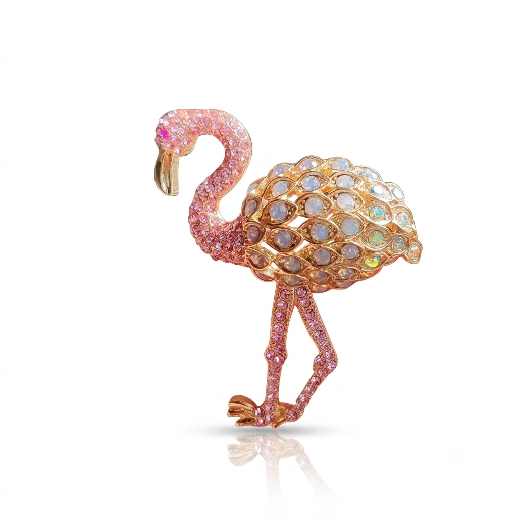A flamingo-shaped brooch or pin crafted in rose gold with pink pavé stones on the neck and legs, and a pattern of clear and iridescent stones on the body, shown on a white background with a soft reflection.
