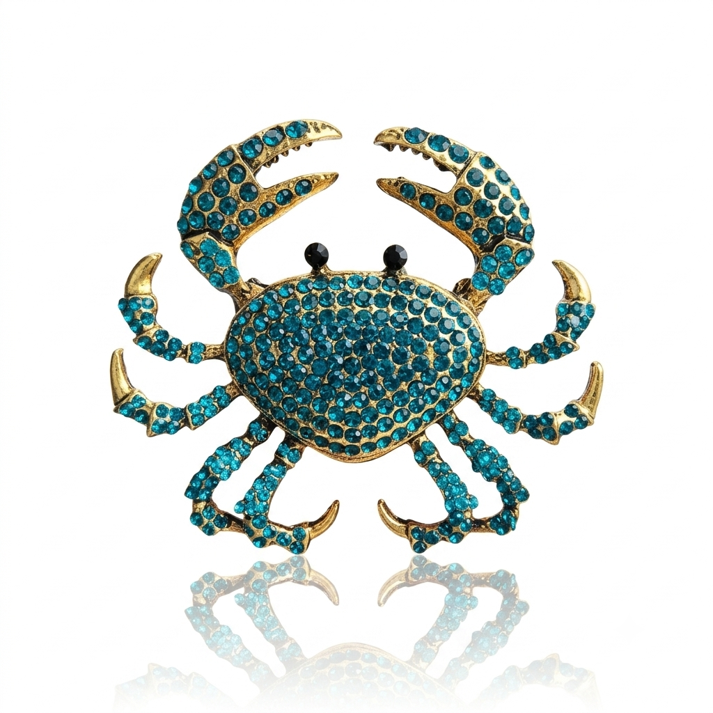 A gold-plated crab brooch embellished with sparkling blue rhinestones, shown on a clean white background with a soft reflection below.