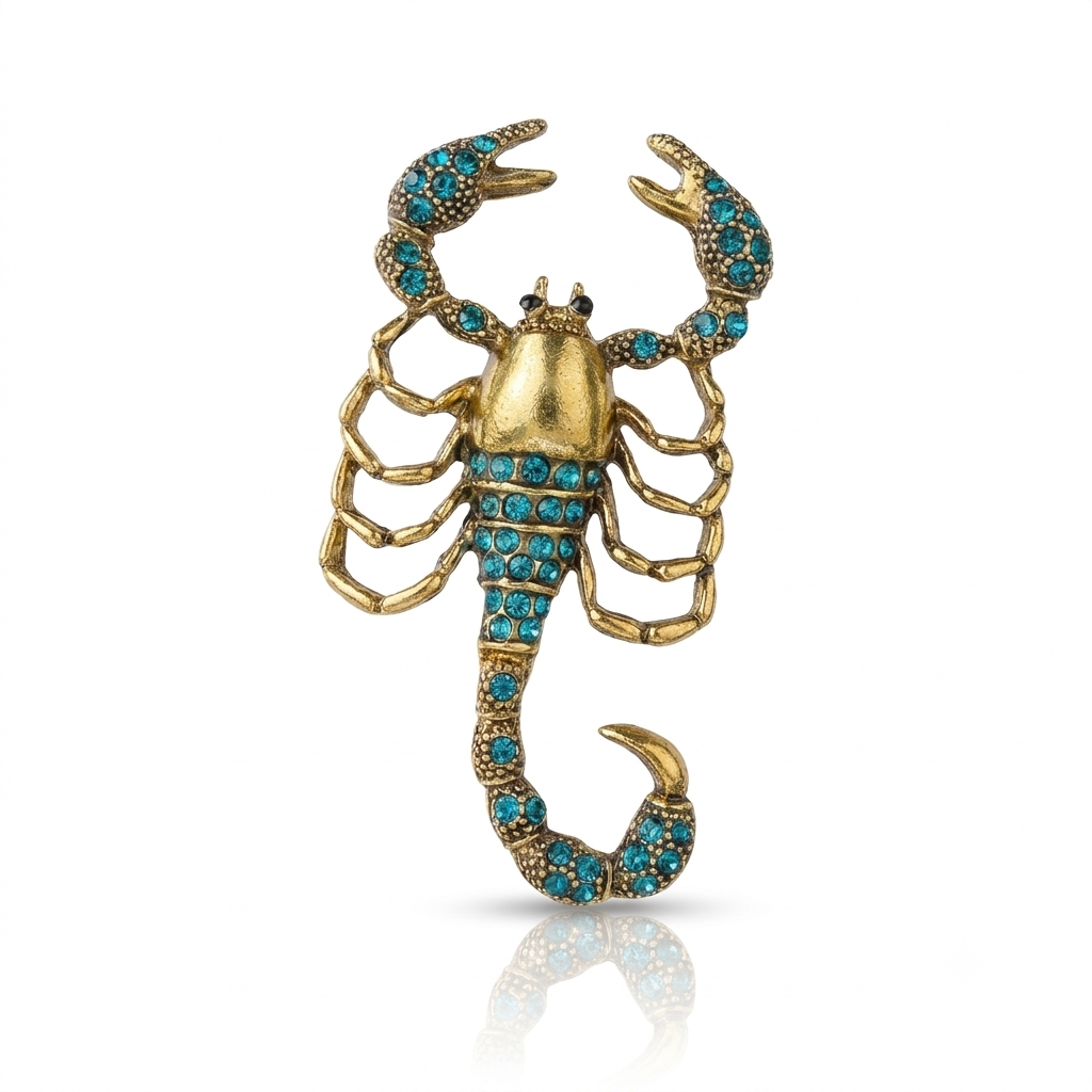 A gold-toned scorpion brooch embellished with small turquoise blue rhinestones, set against a clean white background with a soft reflection below.