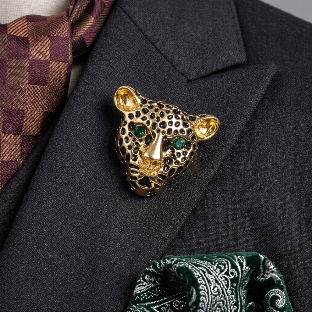 A gold leopard head lapel pin with green gemstone eyes, pinned to a dark gray suit jacket. A brown and purple checkered tie and a green paisley pocket square are partially visible.