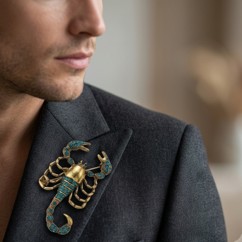 A man in a dark gray suit jacket wearing a gold scorpion brooch embellished with turquoise blue stones, shown in a close-up portrait.