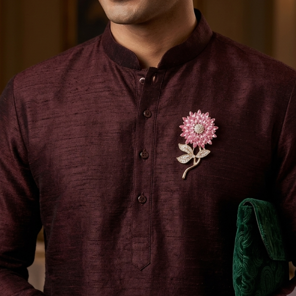 A man wearing a dark maroon long-sleeve kurta with a mandarin collar and a pink floral brooch on the chest, holding a green clutch in a warmly lit indoor setting.