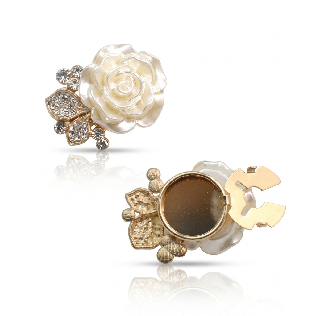 A pair of gold and white mother-of-pearl rose stud earrings with clear crystal accents, shown in both front and back views on a white background.