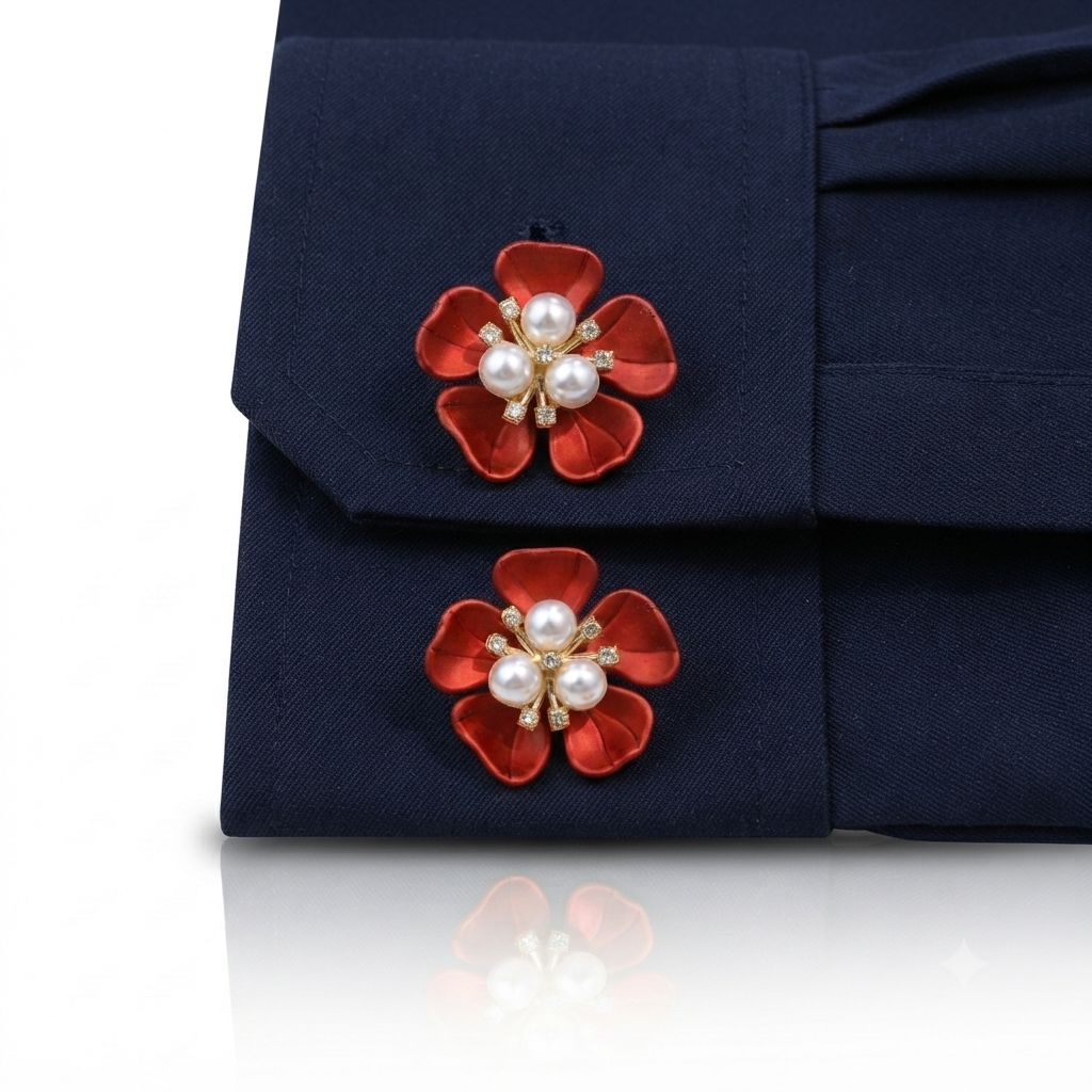 A pair of red flower-shaped cufflinks with pearl centers and gold-tone metal accents, shown fastened on a navy blue dress shirt cuff.