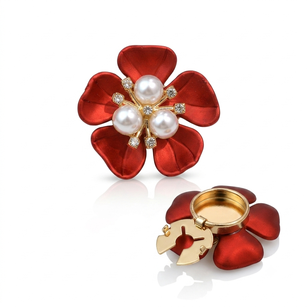 A red flower-shaped jewelry box with a gold-tone clasp and three white faux pearls in the center, shown both closed and open on a white background.