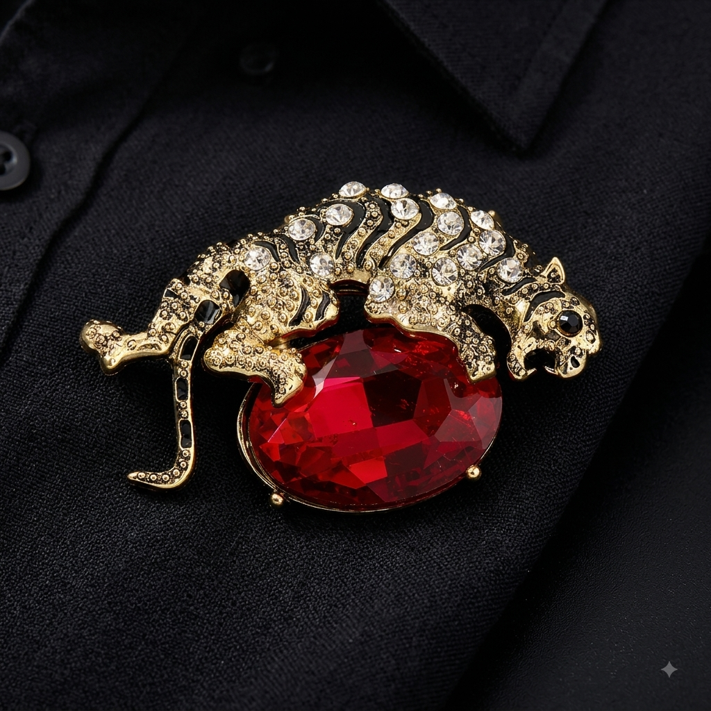 A gold-toned animal-shaped brooch with a large faceted red gemstone and clear rhinestone detailing, displayed on a black fabric background.